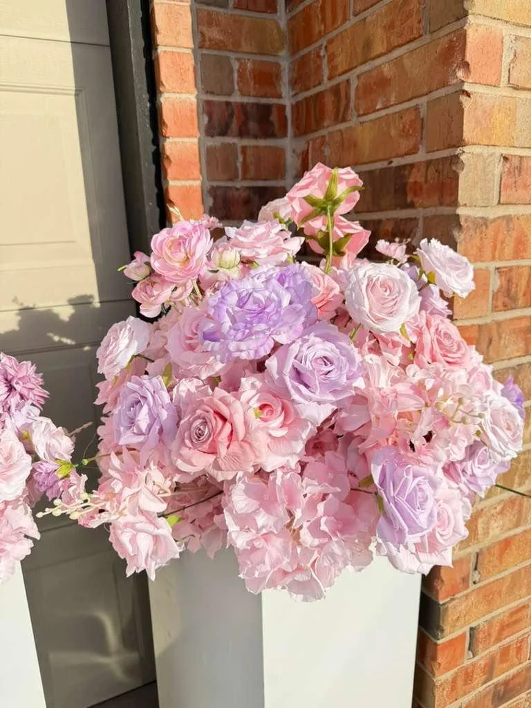 Blush and lilac garden floral arrangement rental on pedestal Oklahoma City