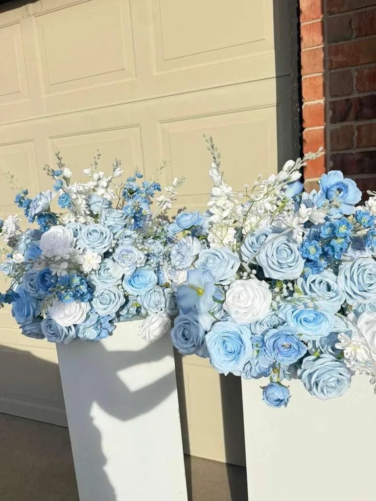 Wide view of ivory and blue wedding floral backdrop rental Oklahoma City