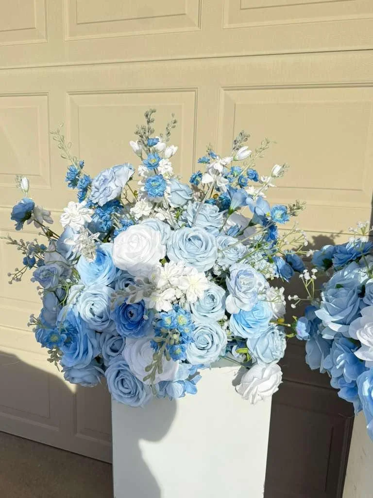 Ivory and blue wedding floral backdrop rental Oklahoma City