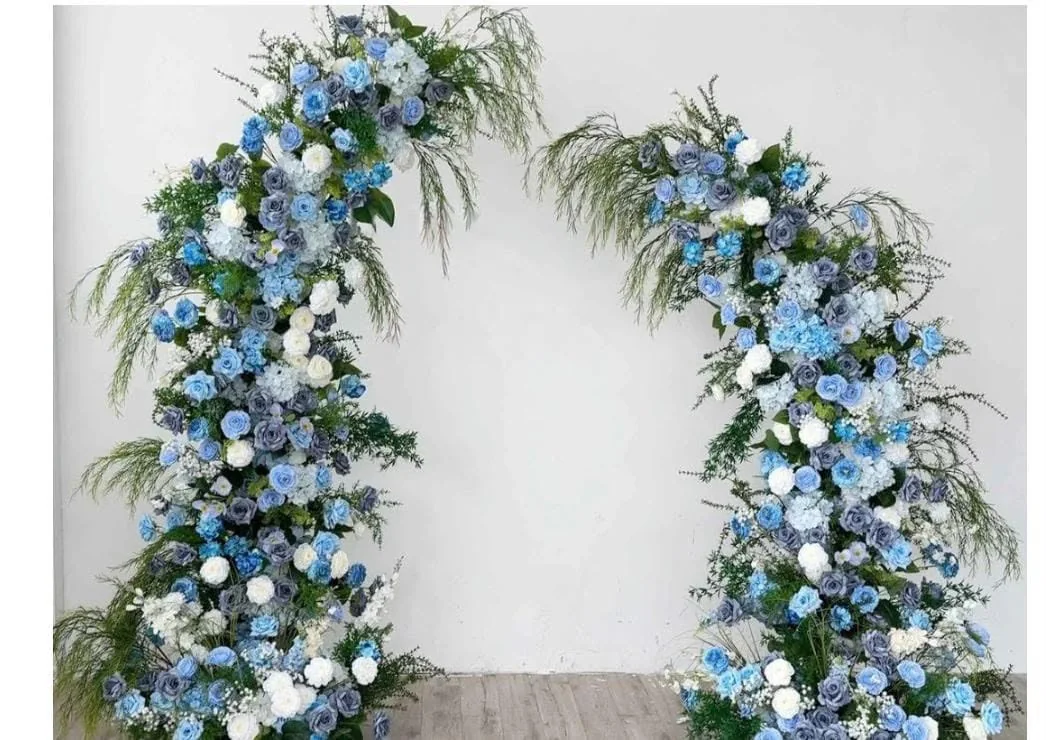 Ivory and blue open wedding floral column arch rental Oklahoma City