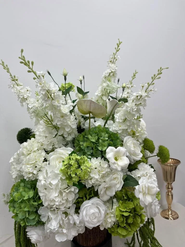 Ivory and sage statement flower arrangement rental for OKC weddings