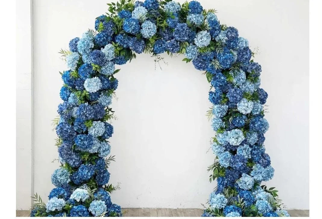 Sculptural royal blue rose floral arch rental OKC for wedding ceremonies